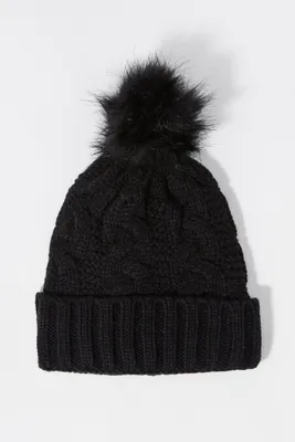 Cable Knit Hat with Pom