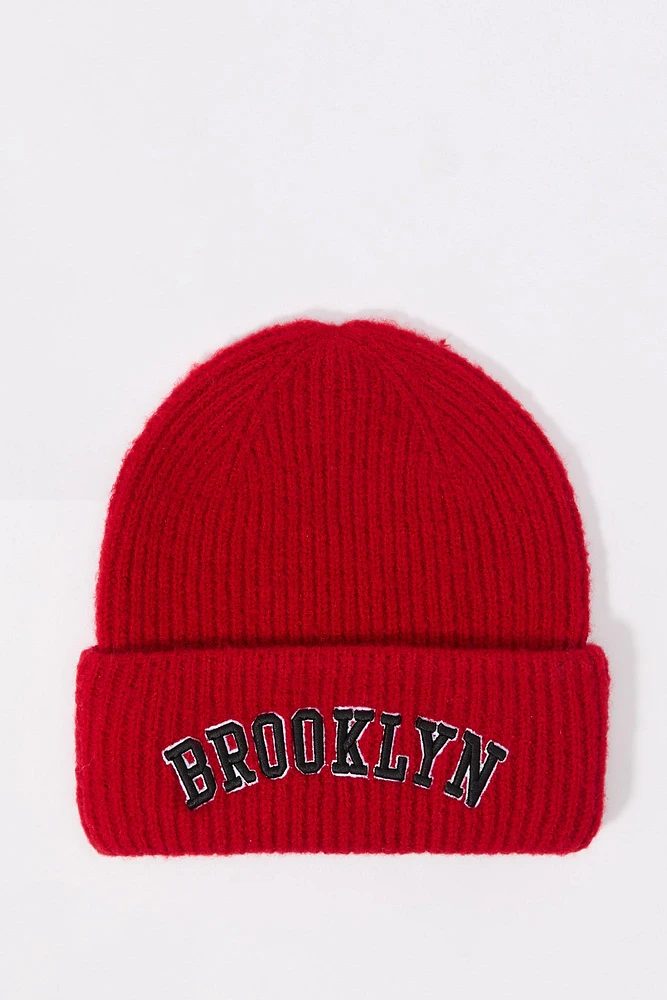 City Embroidered Ribbed Knit Beanie