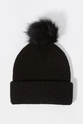 Ribbed Knit Hat with Pom