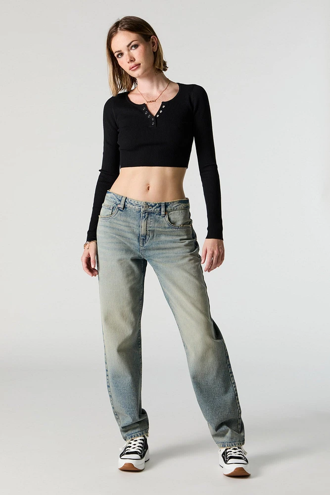 Ribbed Henley Long Sleeve Crop Top