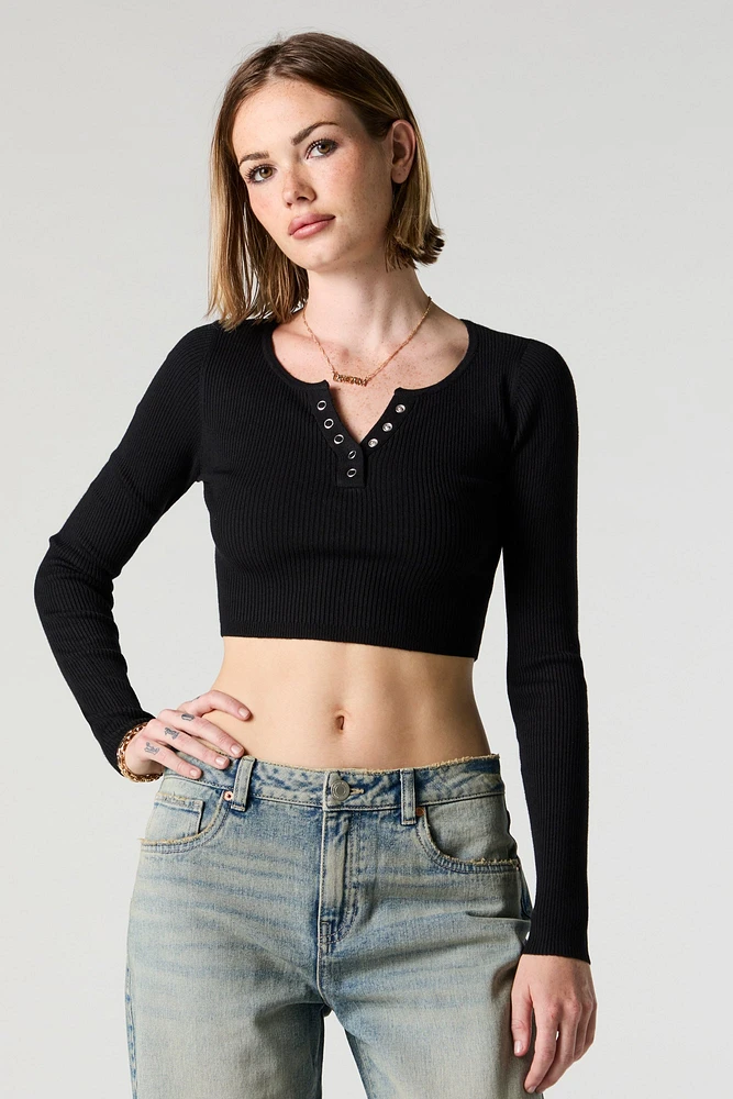 Ribbed Henley Long Sleeve Crop Top