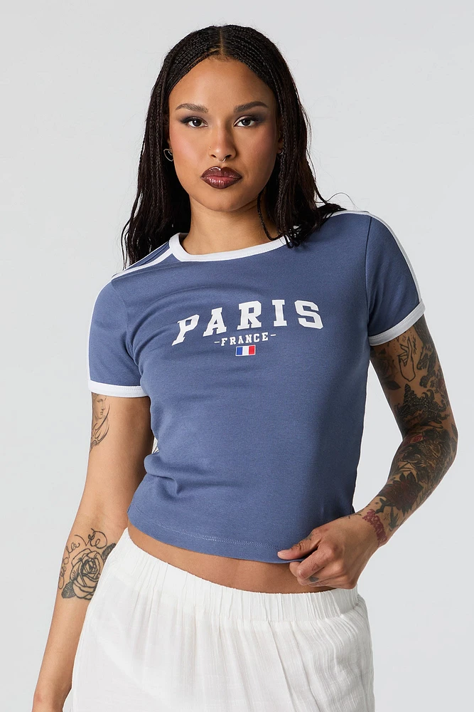 T-shirt à liséré contrastant avec imprimé Paris France