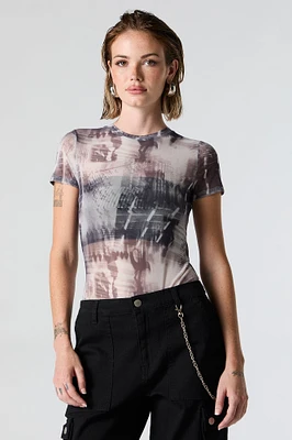 Abstract Print Mesh Short Sleeve Bodysuit