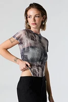 Abstract Print Mesh Short Sleeve Bodysuit