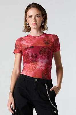 Floral Print Mesh Short Sleeve Bodysuit