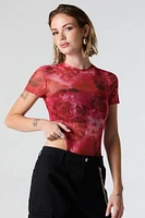 Floral Print Mesh Short Sleeve Bodysuit