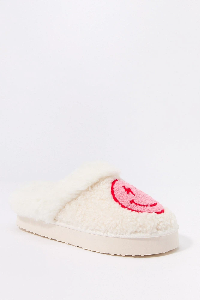 Faux Fur Collared Happy Face Slipper