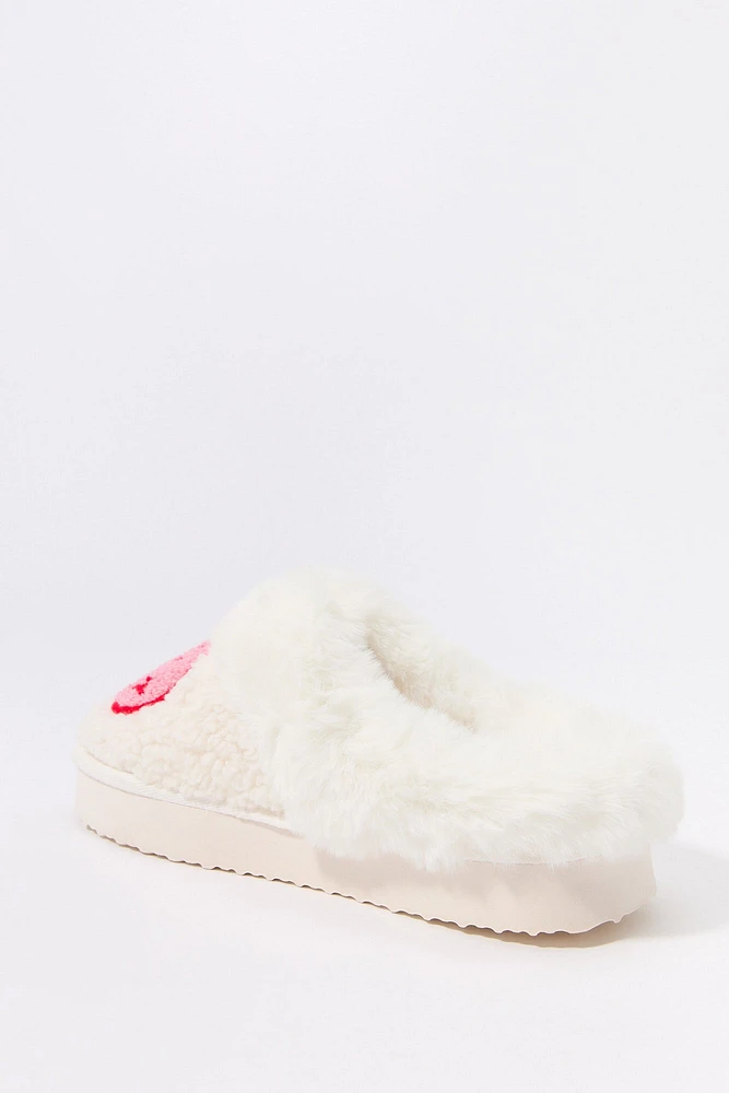 Faux Fur Collared Happy Face Slipper