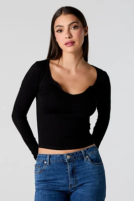 Ribbed Wide Notched Long Sleeve Top