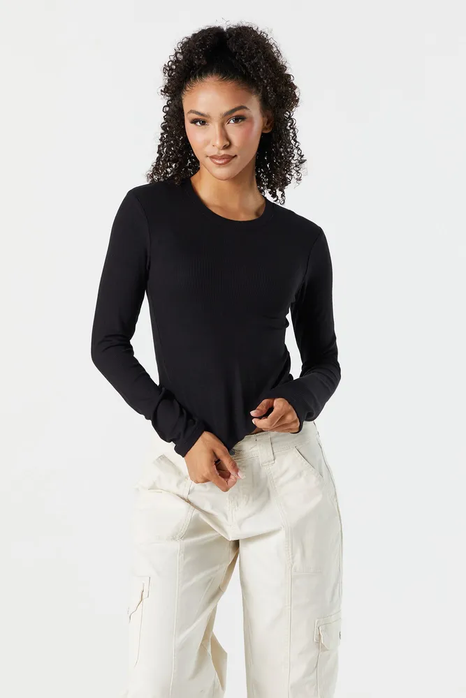 Ribbed Crewneck Long Sleeve Skimmer Top