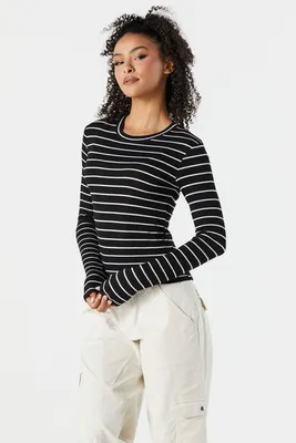 Striped Ribbed Crewneck Long Sleeve Skimmer Top