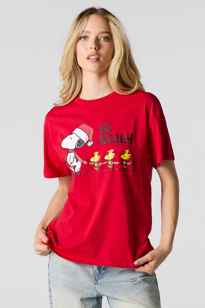 T-shirt de coupe garçonne à imprimé Snoopy Noël