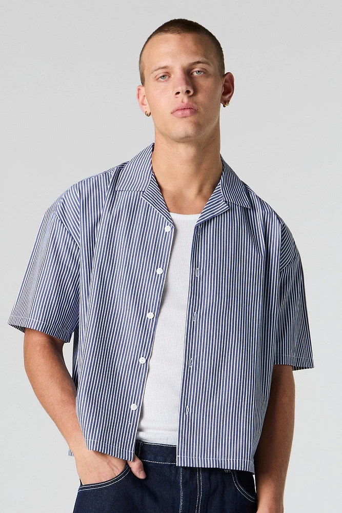 Pinstriped Boxy Short Sleeve Button-Up Top