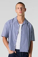 Pinstriped Boxy Short Sleeve Button-Up Top