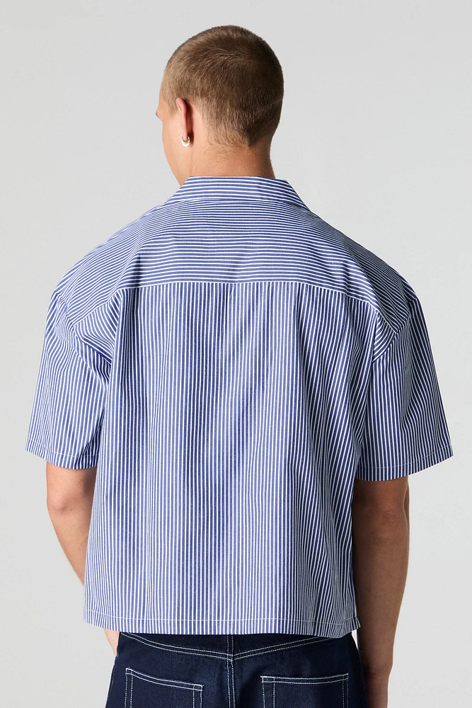 Pinstriped Boxy Short Sleeve Button-Up Top