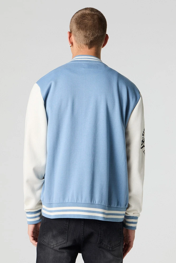 Embroidered Graphic Fleece Varsity Jacket