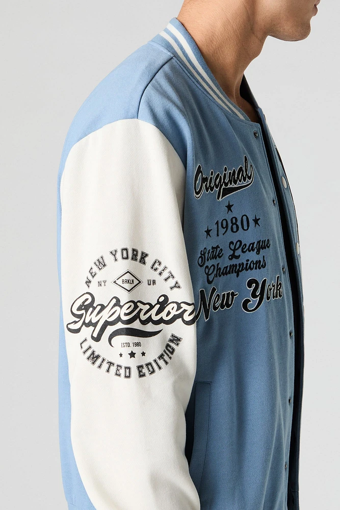Embroidered Graphic Fleece Varsity Jacket