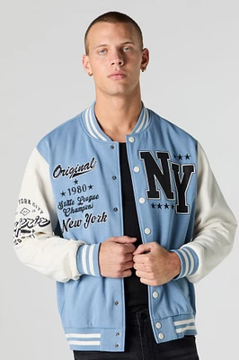 Embroidered Graphic Fleece Varsity Jacket