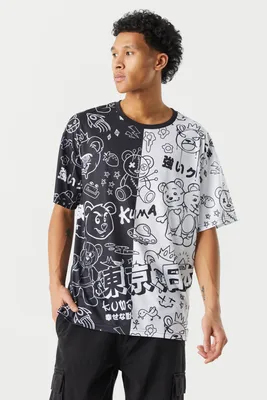 Colour Block Graffiti Teddy Graphic T-Shirt