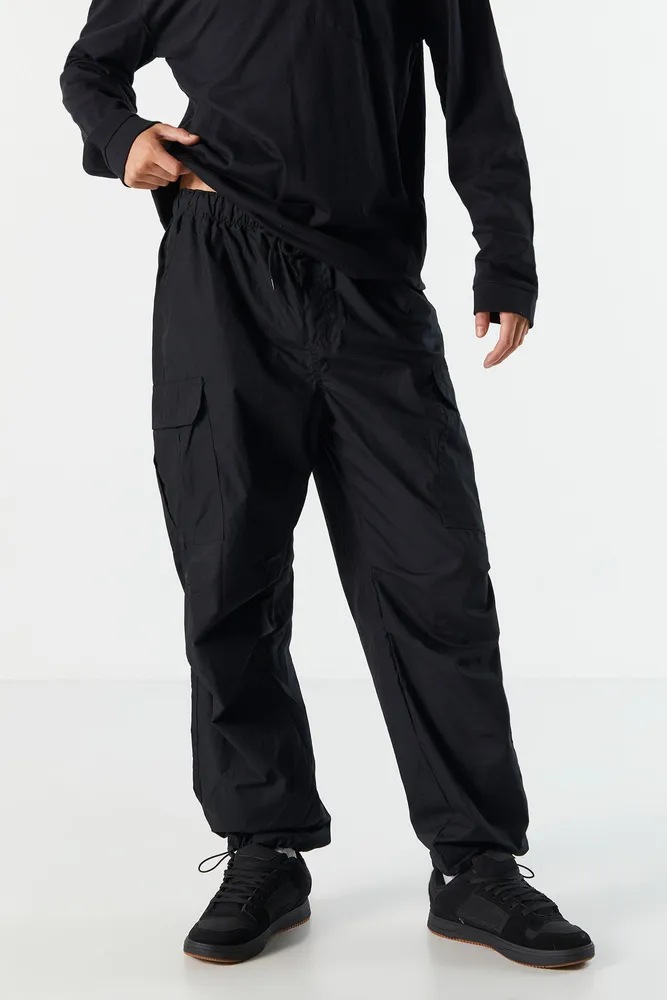 White Parachute Cargo Pants with Drawstring Waist