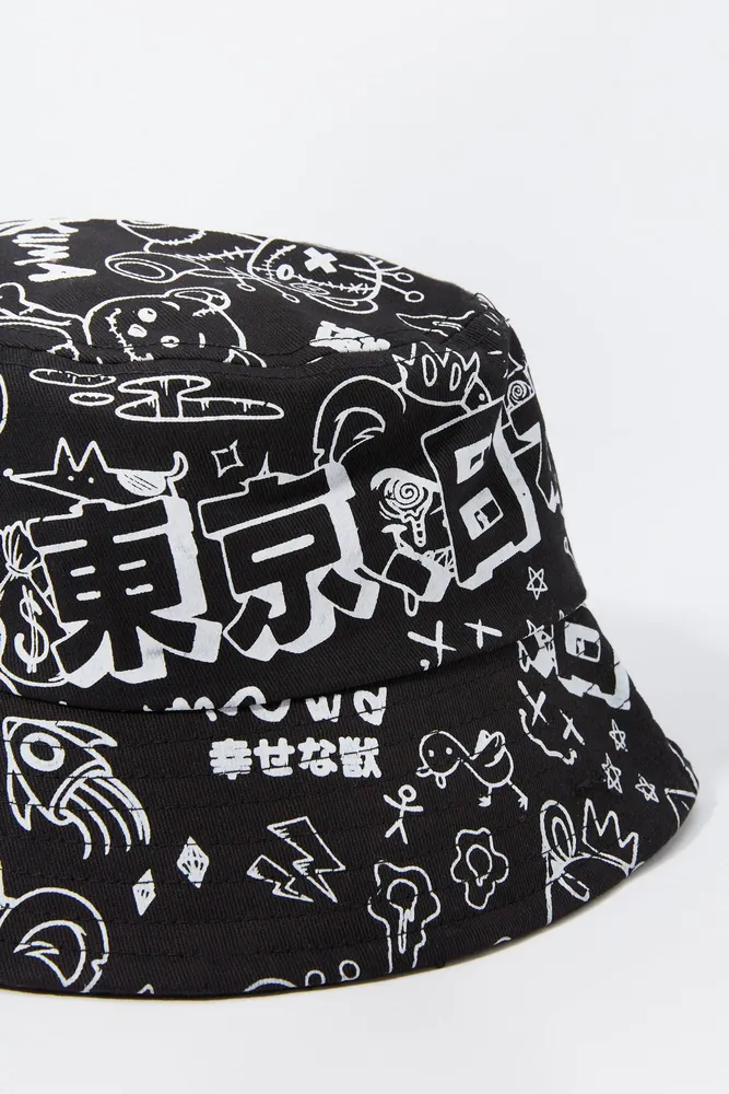 Graffiti Teddy Print Bucket Hat