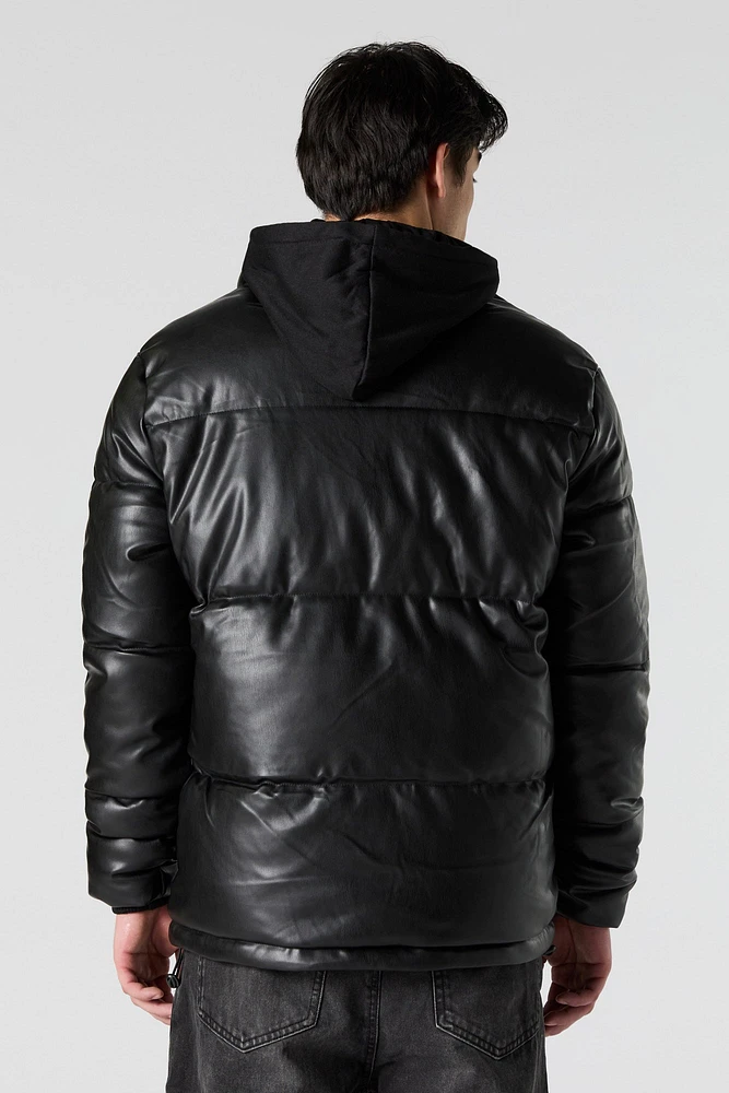 Faux Leather Hooded Puffer Jacket