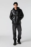 Faux Leather Hooded Puffer Jacket