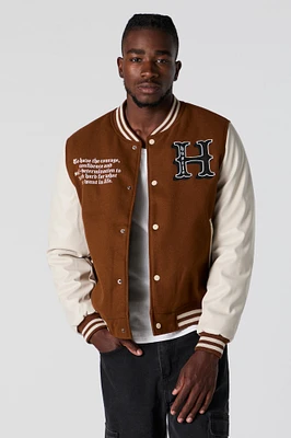 Faux-Leather Sleeve Embroidered Varsity Jacket