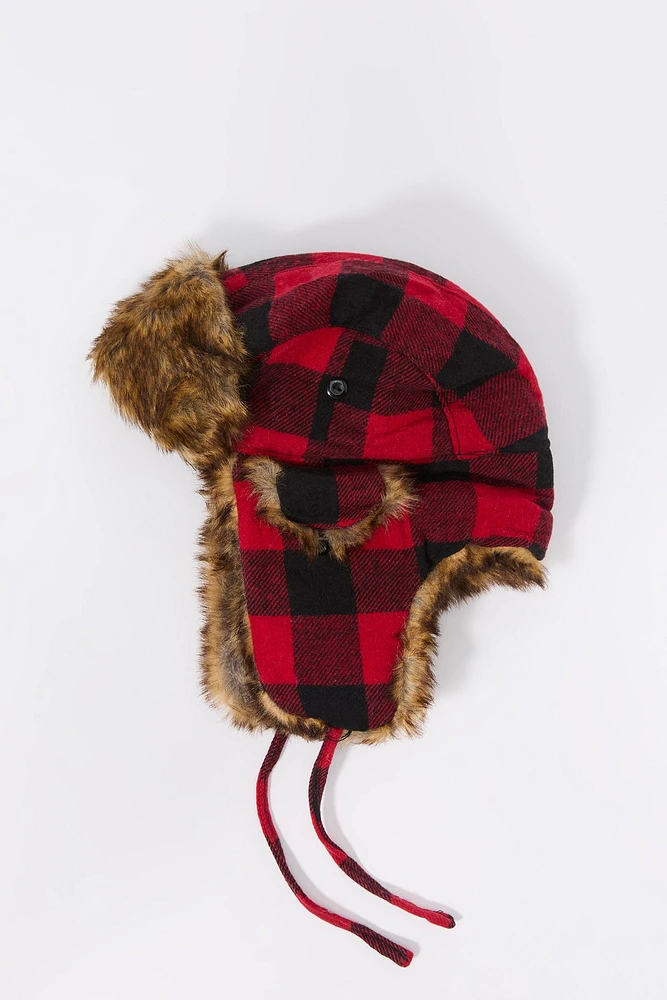 Faux Fur Lined Plaid Trapper Hat