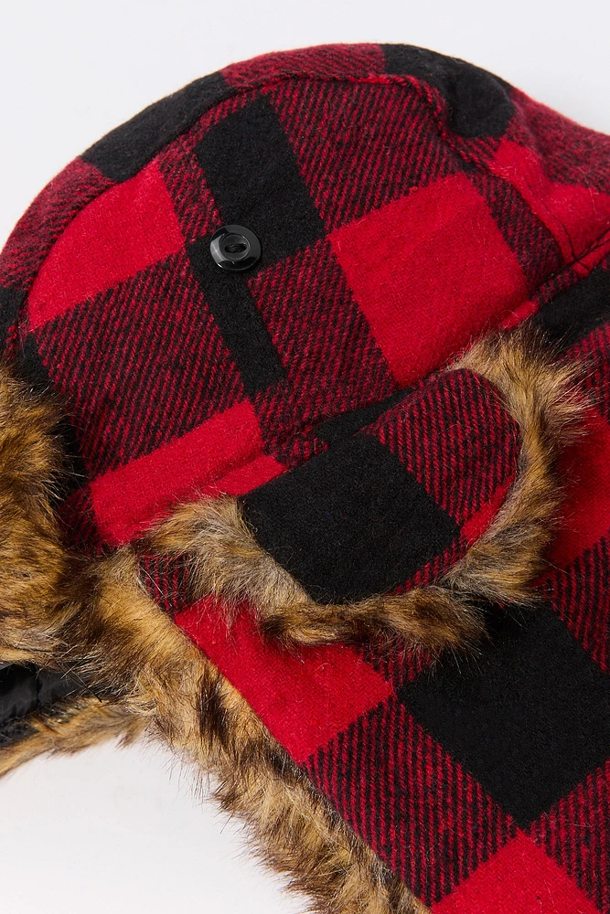 Faux Fur Lined Plaid Trapper Hat