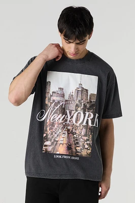 T-shirt ample délavé à imprimé New York