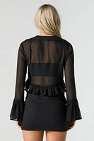 Semi Sheer Tie Front Long Sleeve Top