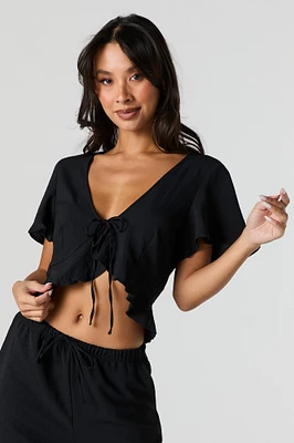 Flowy Tie Front Ruffle Crop Top