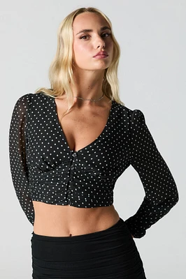 Printed Chiffon V-Neck Button Front Crop Top