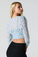 Printed Chiffon V-Neck Button Front Crop Top