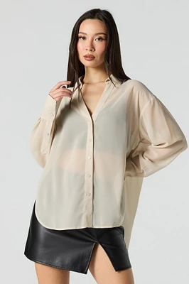 Mesh Long Sleeve Button-Up Top