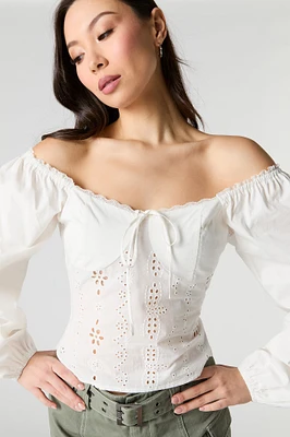 Eyelet Long Puff Sleeve Top