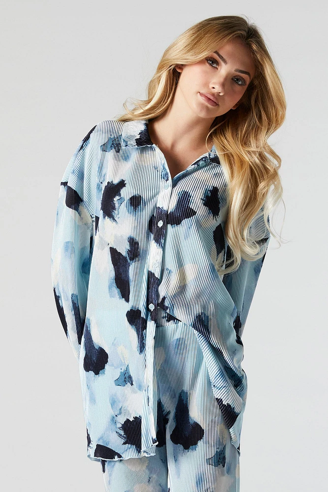 Plisse Abstract Print Button-Up Top