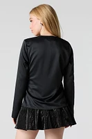 Satin Front Tie Long Sleeve Top