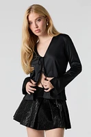 Satin Front Tie Long Sleeve Top