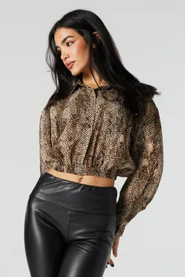 Snakeskin Button Down Cinched Long Sleeve Top