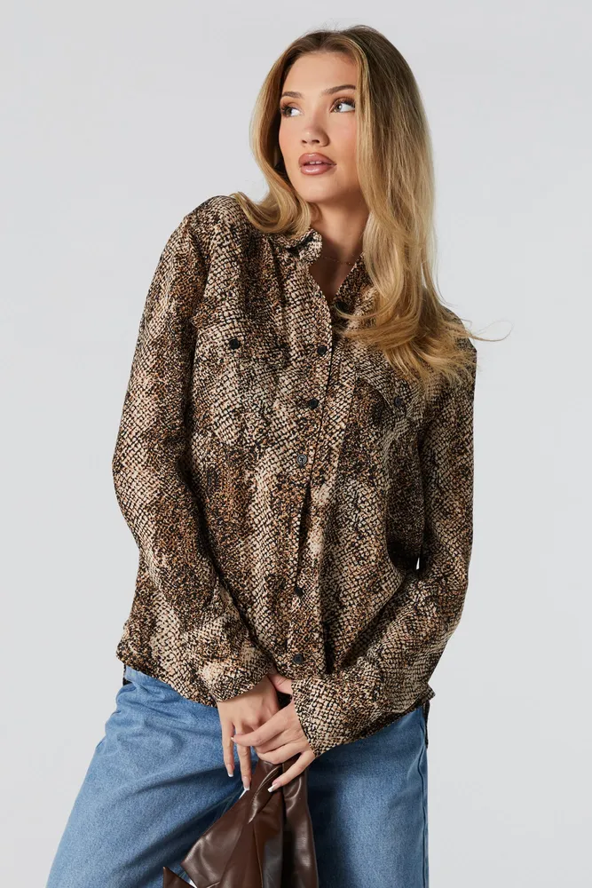 Snakeskin Print Long Sleeve Button-Up Top