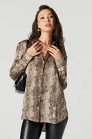 Snakeskin Satin Button-Up Long Sleeve Top