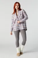 Oversized Plaid Polar Fleece Button-Up Top