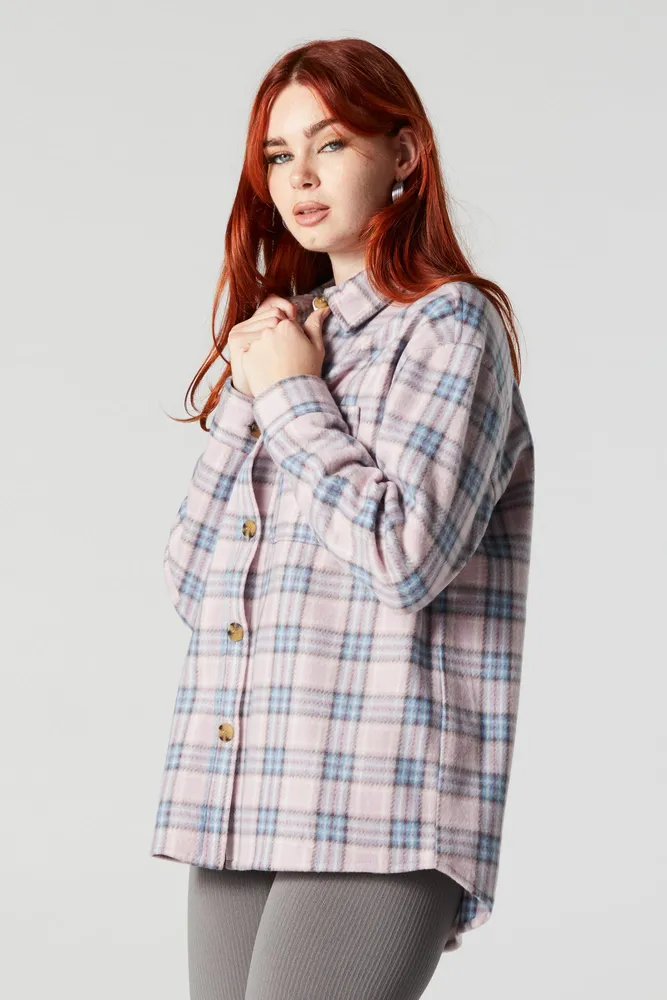 Oversized Plaid Polar Fleece Button-Up Top