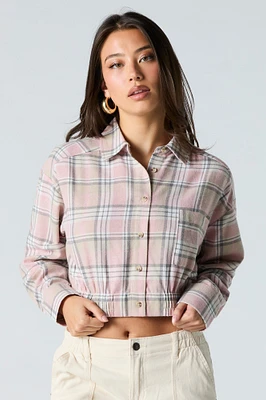 Plaid Button-Up Cropped Long Sleeve Top