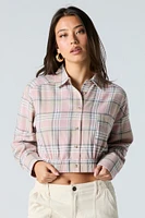 Plaid Button-Up Cropped Long Sleeve Top