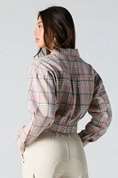 Plaid Button-Up Cropped Long Sleeve Top