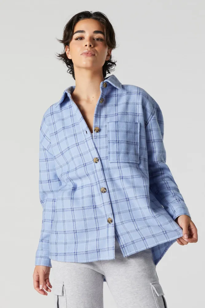 Oversized Fleece Plaid Button-Up Top