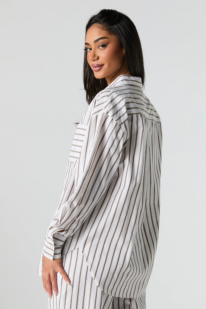 Poplin Striped Button-Up Long Sleeve Top